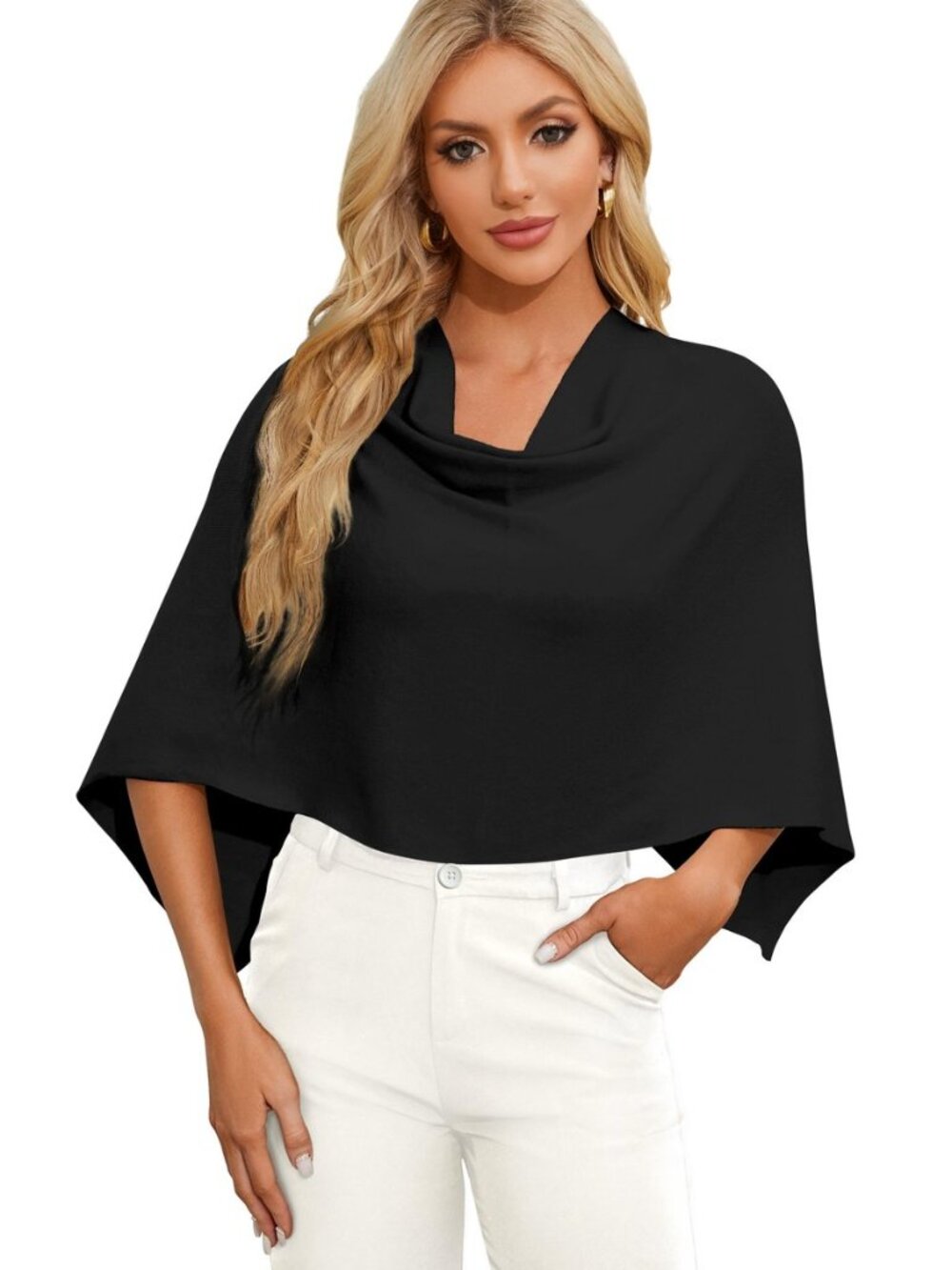 Women's Cropped Poncho Sweater Slim Fit Pull Over Style